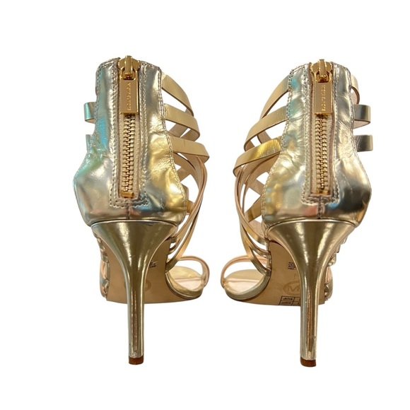 Michael Kors Ava Leather Multi Strap Buckle Zip 3.5” Heel Gold Sandal Size 7.5 - Picture 5 of 9